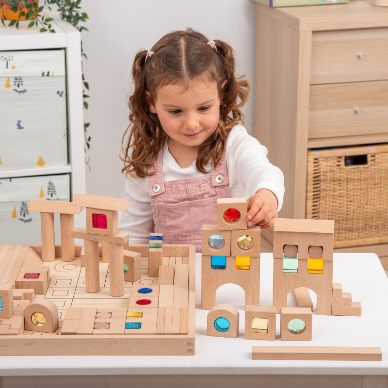 Wooden Building Gem Blocks - Pk82 + Tray | Commotion